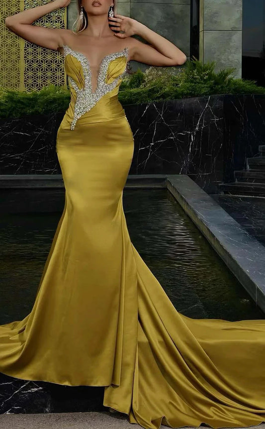 RP884-New Yellow Mermaid Sweetheart Crystals Sleeveless Long Prom Evening Dresses Formal Party Gowns