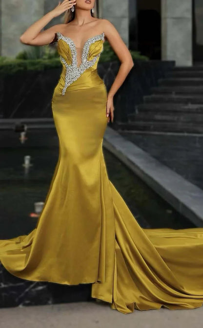 RP884-New Yellow Mermaid Sweetheart Crystals Sleeveless Long Prom Evening Dresses Formal Party Gowns