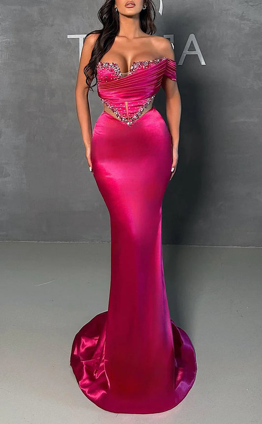 RP1839-Elegant Fuchsia Mermaid One Shoulder Beaded Ruched Sleeveless Satin Prom Evening Dresses Formal Party Gowns With Train