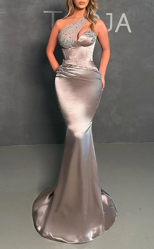 RP1838-Elegant Champagne Trumpet One Shoulder Crystals Ruched Sleeveless Satin Prom Evening Dresses Formal Party Gowns With Train