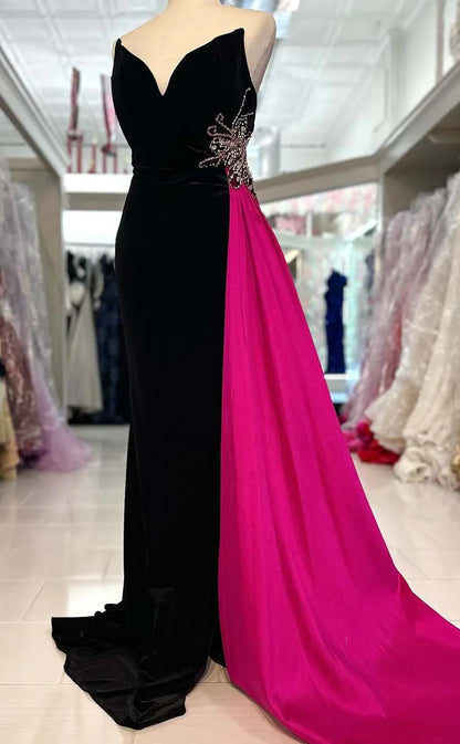 RP885-New Mermaid Sweetheart Crystals Beads Sleeveless Velvet Long Prom Evening Dresses Formal Party Gowns With a Train