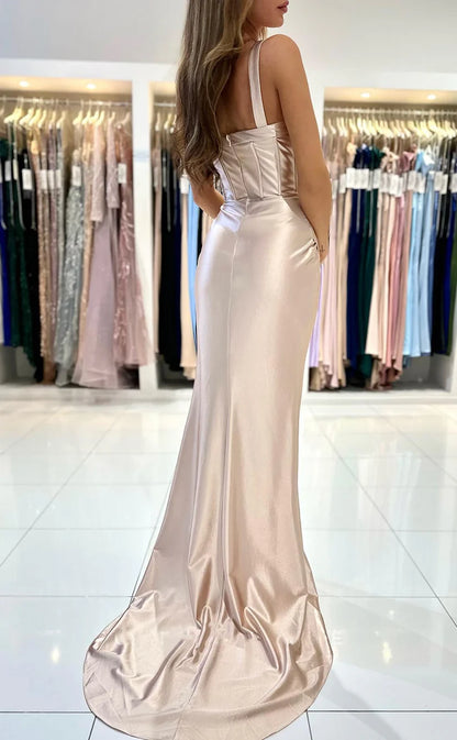 RP1836-Elegant Champagne Mermaid Spaghetti Ruched Sleeveless Satin Prom Evening Dresses Formal Party Gowns With Slit