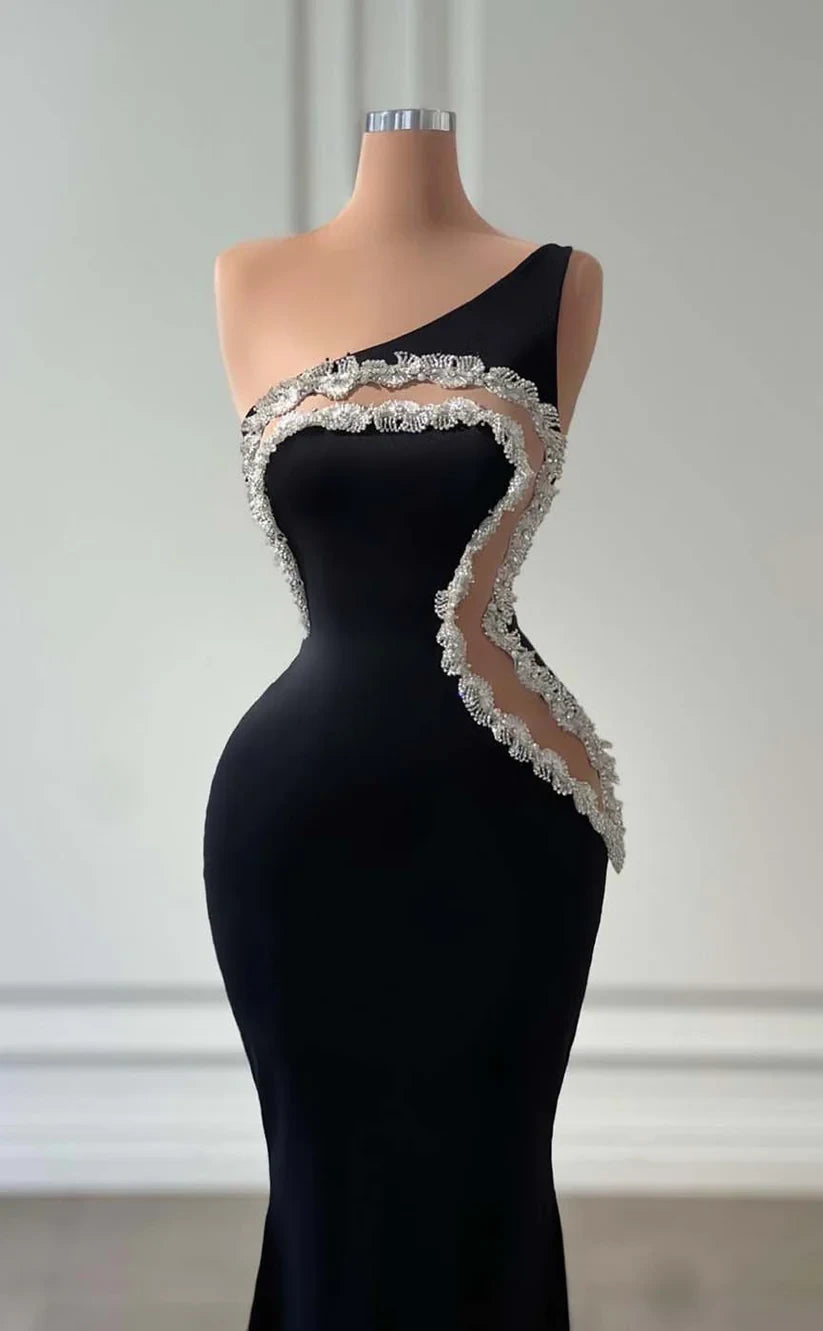 RP888-New Black Mermaid One Shoulder Appliqued Prom Evening Dresses Formal Party Gowns With Cut-out