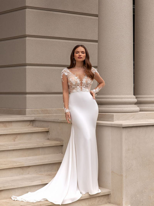 Modern Mermaid Wedding Dresses Scoop Beads Appliqued Long Sleeves Satin Sweep Train Bridal Gowns Custom Made