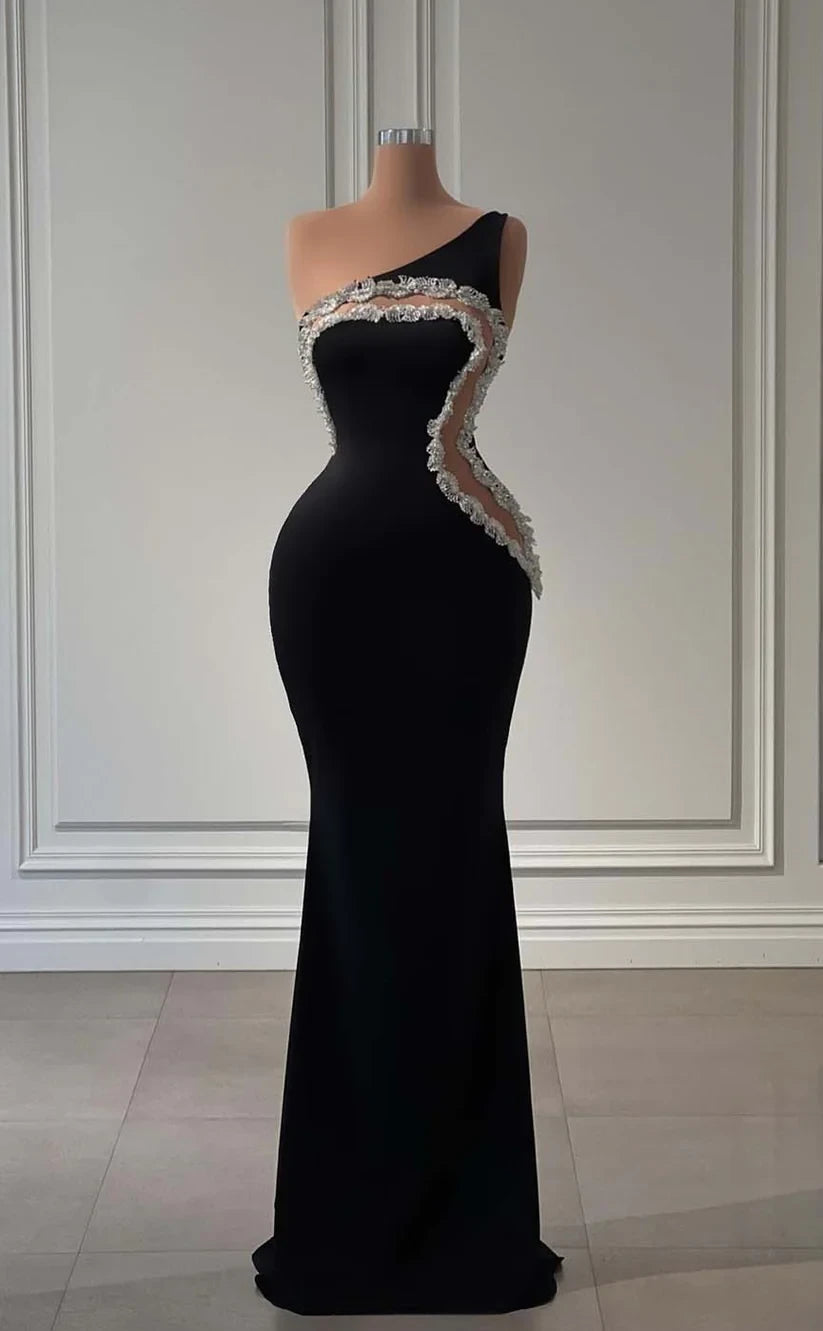 RP888-New Black Mermaid One Shoulder Appliqued Prom Evening Dresses Formal Party Gowns With Cut-out