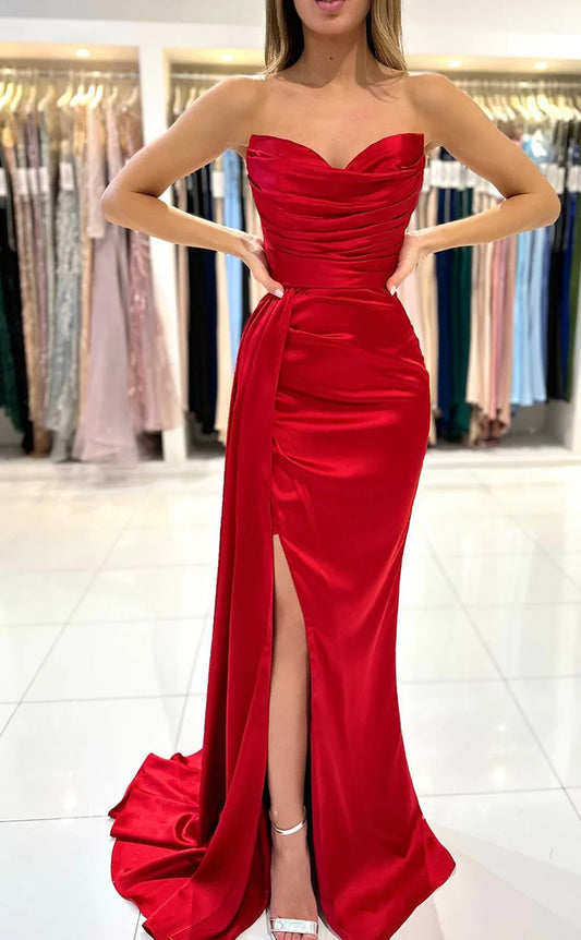 RP1834-Elegant Red Mermaid Sweetheart Ruched Sleeveless Satin Prom Evening Dresses Formal Party Gowns With Slit