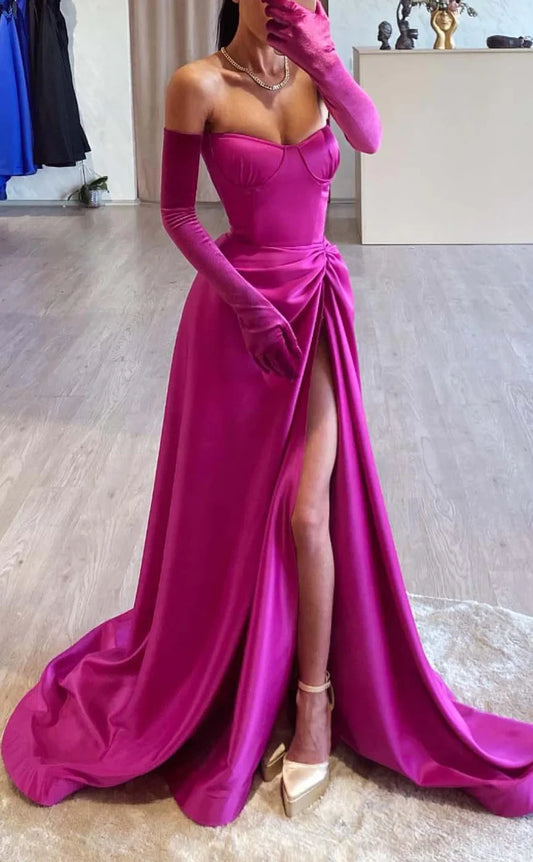 RP890-New Fuchsia A-Line Sweetheart Ruched Sleeveless Long Prom Evening Dresses Formal Party Gowns With Slit