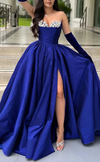 RP891-New Royal Blue A-Line Sweetheart Beads Sleeveless Long Prom Evening Dresses Formal Party Gowns With Slit