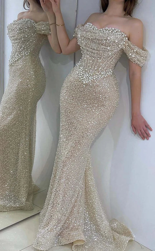 RP893-Gorgeous Mermaid Off-the-Shoulder Pearls Beads Sleeveless Long Prom Evening Dresses Formal Party Gowns