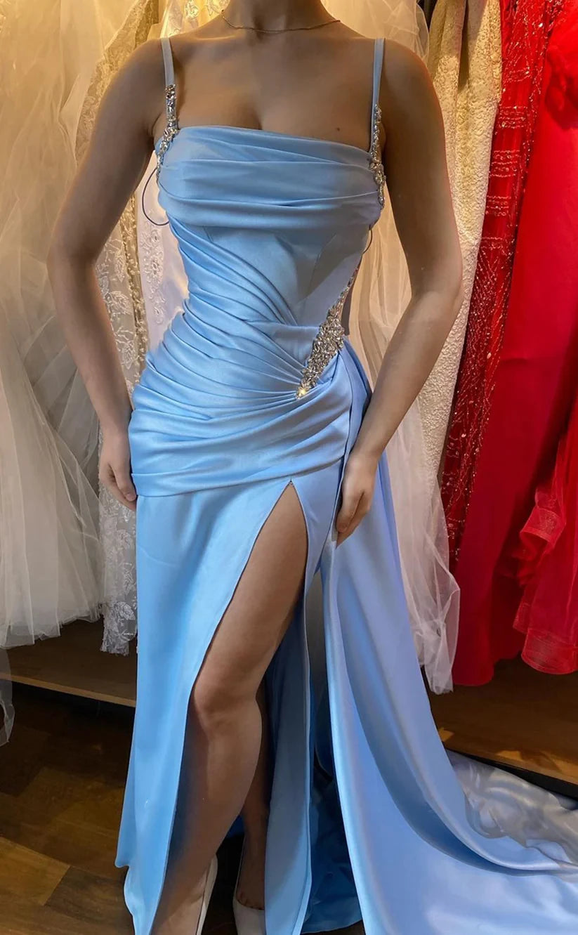 RP1830-New Sky Blue Mermaid Spaghetti Ruched Crystals Sleeveless Satin Prom Evening Dresses Formal Party Gowns With Slit