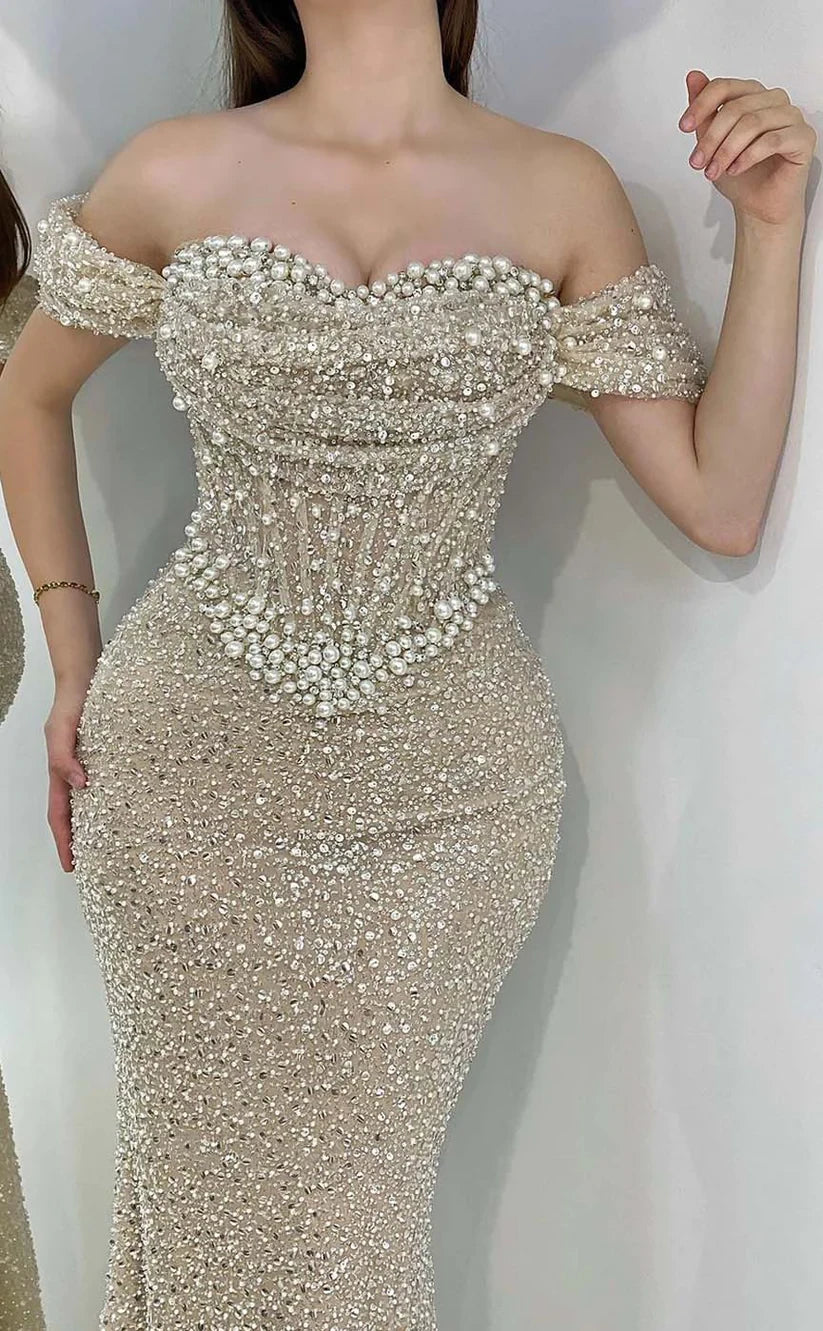 RP893-Gorgeous Mermaid Off-the-Shoulder Pearls Beads Sleeveless Long Prom Evening Dresses Formal Party Gowns