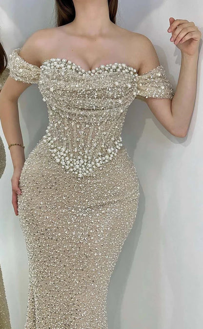 RP893-Gorgeous Mermaid Off-the-Shoulder Pearls Beads Sleeveless Long Prom Evening Dresses Formal Party Gowns