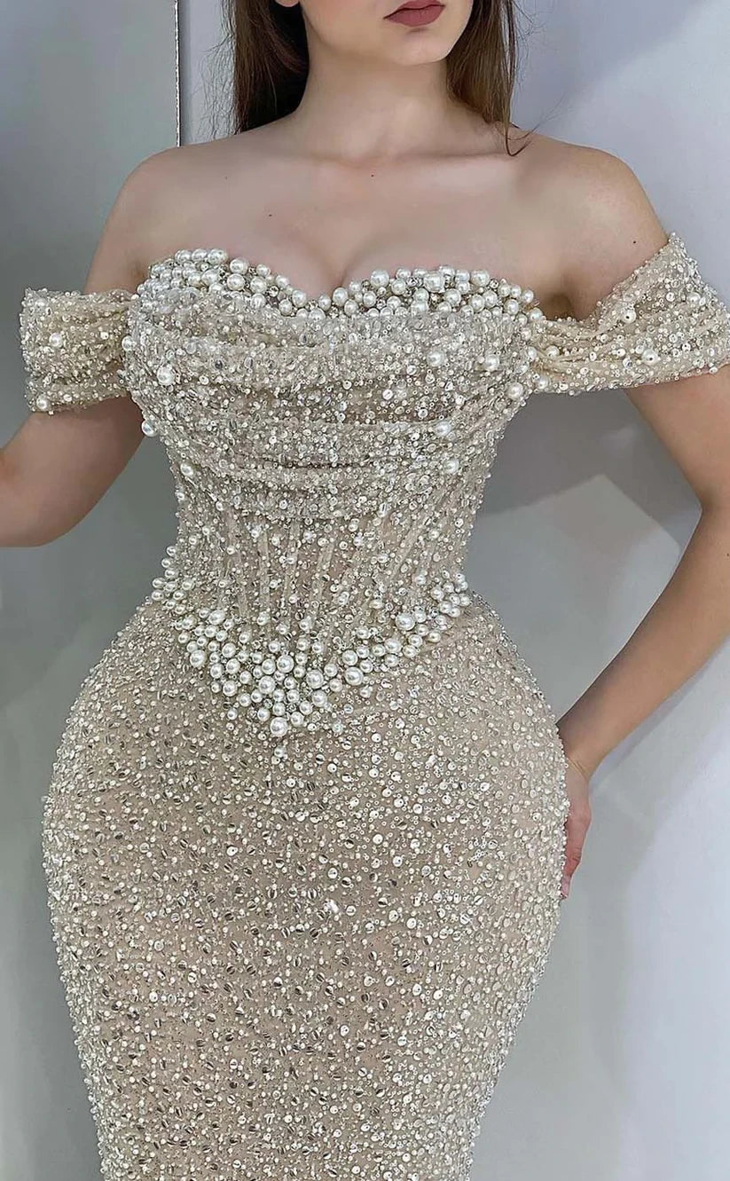 RP893-Gorgeous Mermaid Off-the-Shoulder Pearls Beads Sleeveless Long Prom Evening Dresses Formal Party Gowns