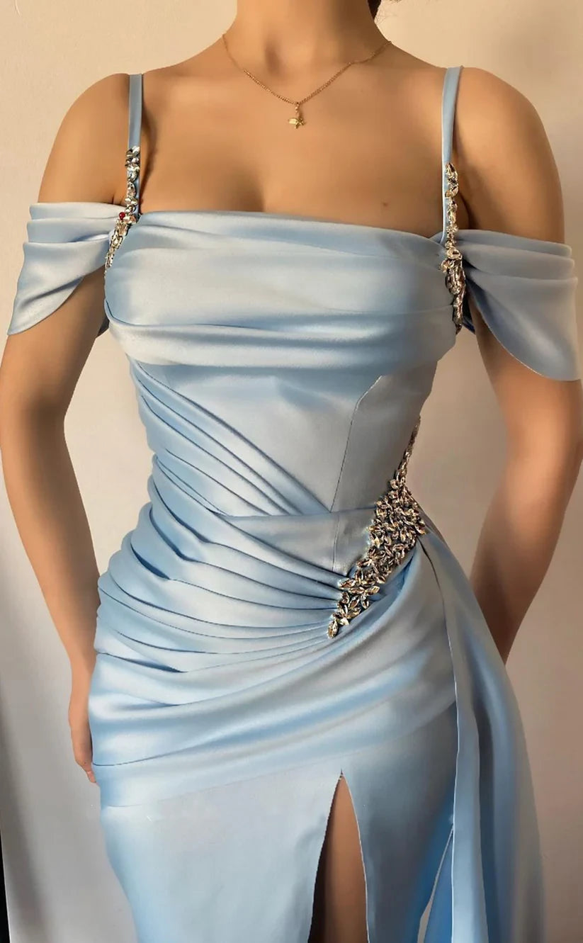 RP1830-New Sky Blue Mermaid Spaghetti Ruched Crystals Sleeveless Satin Prom Evening Dresses Formal Party Gowns With Slit