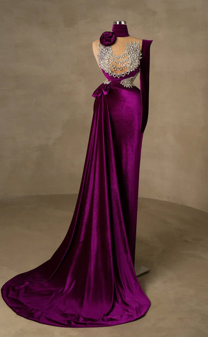 RP225-Purple Mermaid Halter Beads Crystals Velvet Long Prom Evening Dresses Formal Party Gowns