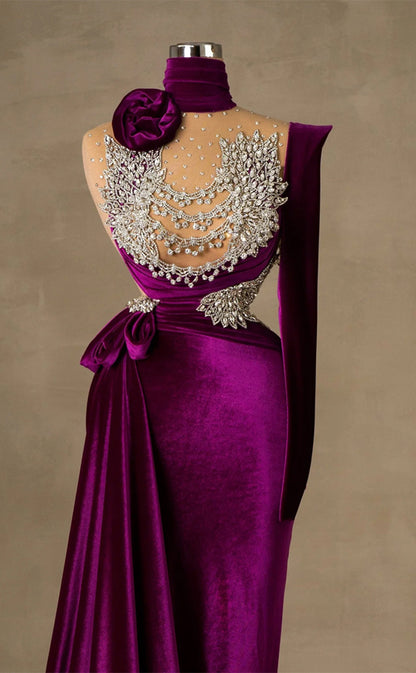 RP225-Purple Mermaid Halter Beads Crystals Velvet Long Prom Evening Dresses Formal Party Gowns