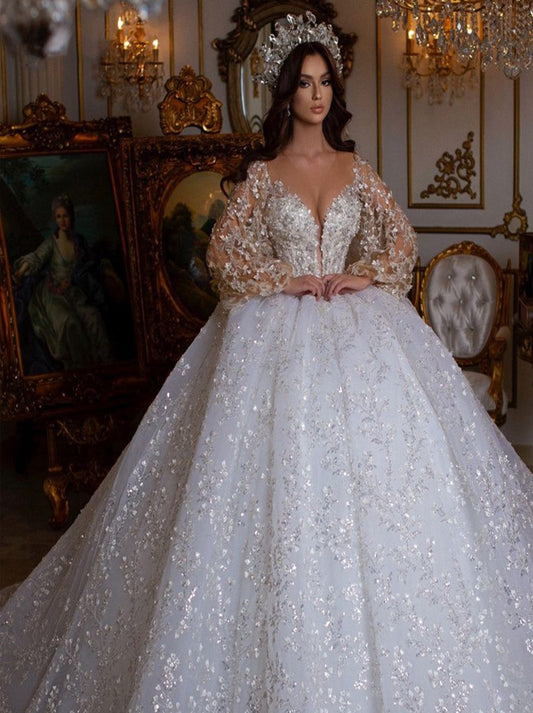 Romantin White Ball Gown Jewel Sweetheart Beads Sequins Appliques Puffy Long Sleeves Tulle Court Train Bridal Gowns Custom Design