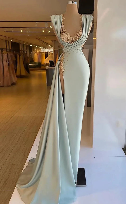 RP353-Gorgeous Mermaid V-Neck Pleated Appliqued Cap Sleeves Prom Evening Dresses Formal Party Gowns With Slit