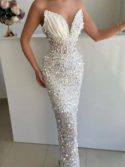 Luxurious & Sparkling Mermaid Wedding Dresses Sweetheart Sleeveless Beads Rhinestone Pearls Floor Length Boho Bridal Gowns Custom Made