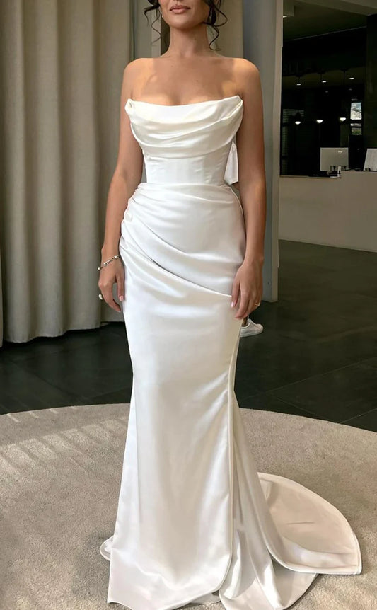 RP1829-Elegant White Mermaid Strapless Ruched Sleeveless Satin Prom Evening Dresses Formal Party Gowns With Train