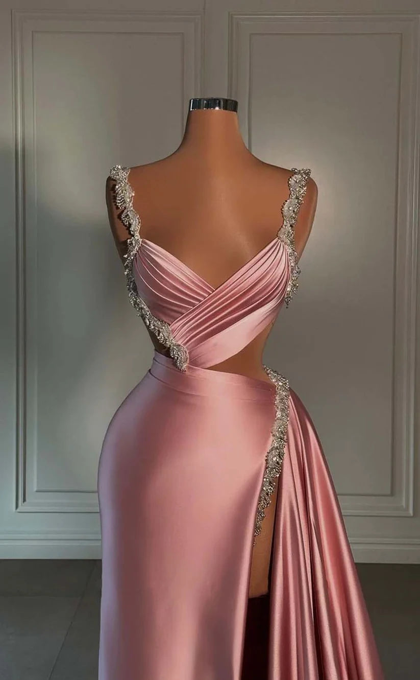 RP913-New Pink Mermaid Spaghetti Beads Appliqued Sleeveless Prom Evening Dresses Formal Party Gowns With Slit