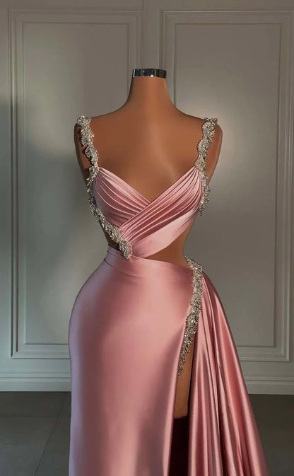 RP913-New Pink Mermaid Spaghetti Beads Appliqued Sleeveless Prom Evening Dresses Formal Party Gowns With Slit