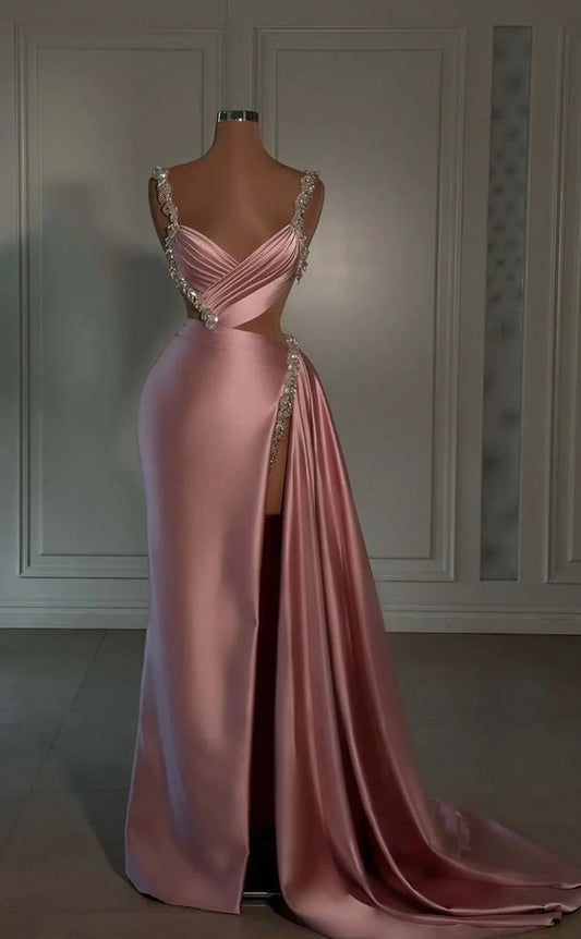 RP913-New Pink Mermaid Spaghetti Beads Appliqued Sleeveless Prom Evening Dresses Formal Party Gowns With Slit