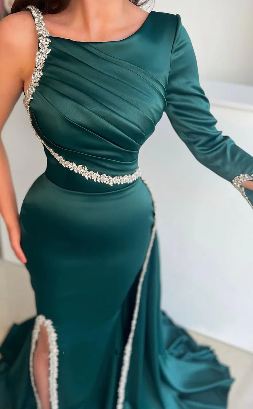 RP2019-Elegant Green Mermaid One Shoulder Cyrstals Long Sleeves Satin Prom Evening Dresses Formal Party Gowns With Slit