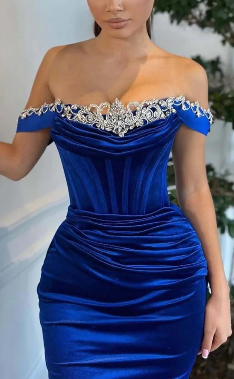 RP915-Gorgeous Royal Blue Mermaid Off-the-Shoulder Ruched Crystals Long Sleeves Velvet Long Prom Evening Dresses Formal Party Gowns