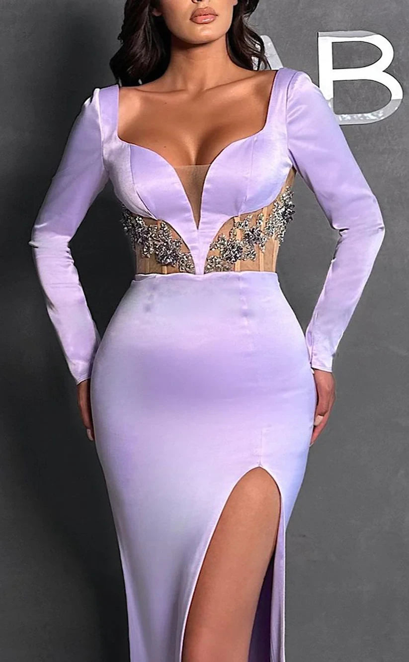 RP2018-Gorgeous Lavender Mermaid Sweetheart Beaded Long Sleeves Satin Prom Evening Dresses Formal Party Gowns With Slit