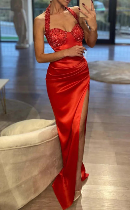 RP917-New Red Mermaid Halter Sequins Ruched Sleeveless Prom Evening Dresses Formal Party Gowns With Slit