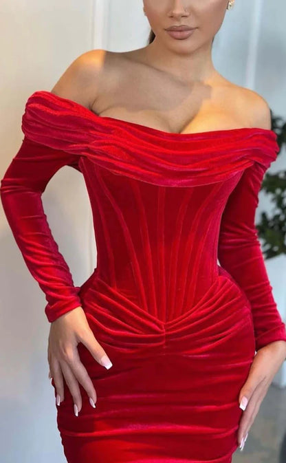 RP916-Gorgeous Red Mermaid Off-the-Shoulder Ruched Long Sleeves Velvet Long Prom Evening Dresses Formal Party Gowns