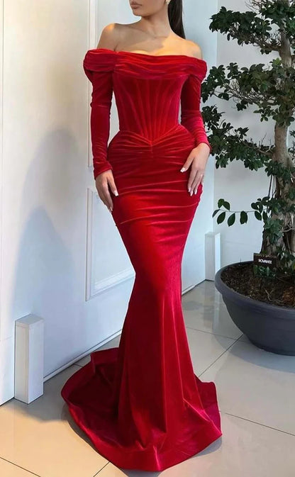 RP916-Gorgeous Red Mermaid Off-the-Shoulder Ruched Long Sleeves Velvet Long Prom Evening Dresses Formal Party Gowns