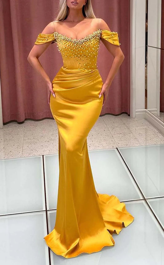 RP919-New Yellow Mermaid Illusion Neck Beads Cap Sleeves Prom Evening Dresses Formal Party Gowns