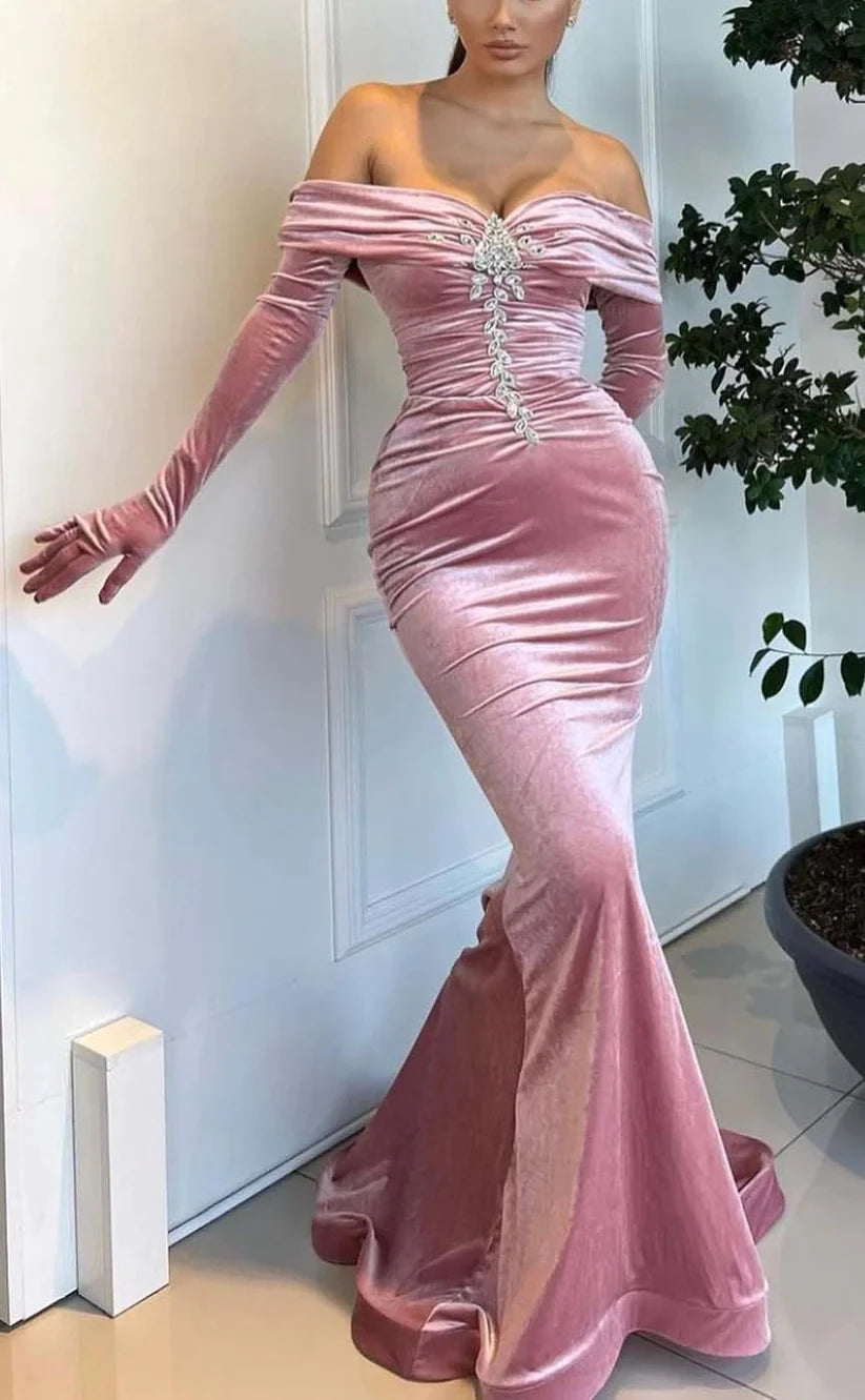 RP918-Gorgeous Pink Mermaid Off-the-Shoulder Ruched Long Sleeves Velvet Long Prom Evening Dresses Formal Party Gowns