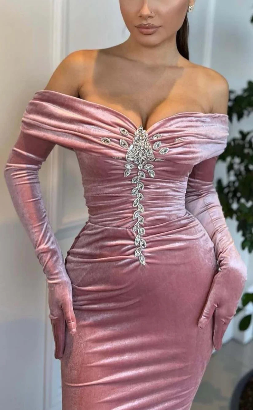 RP918-Gorgeous Pink Mermaid Off-the-Shoulder Ruched Long Sleeves Velvet Long Prom Evening Dresses Formal Party Gowns