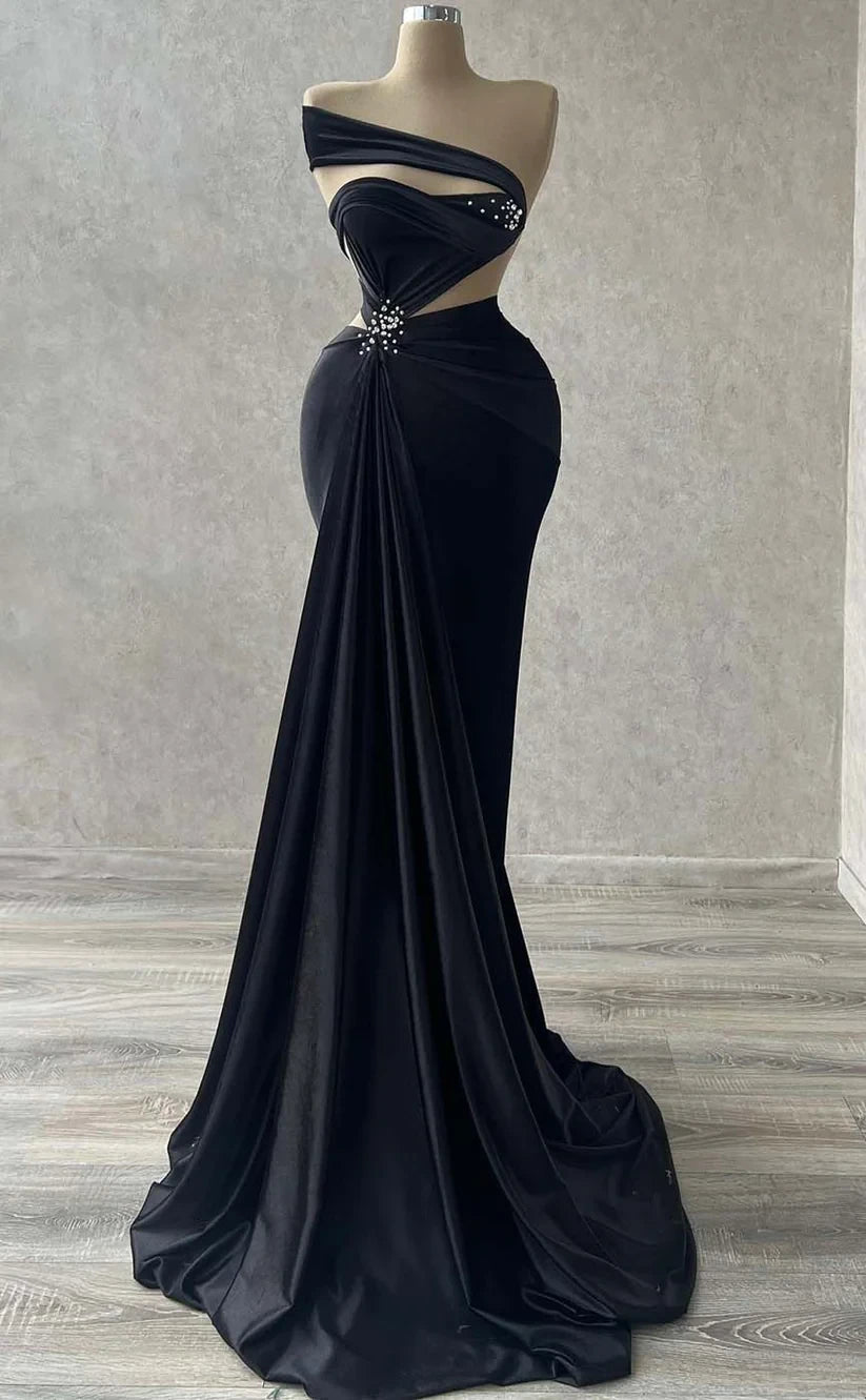 RP920-New Black Mermaid One Shoulder Beads Ruched Sleeveless Prom Evening Dresses Formal Party Gowns