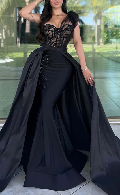 RP921-New Black Mermaid One Shoulder Beads Ruched Sleeveless Prom Evening Dresses Formal Party Gowns With Detachable Train