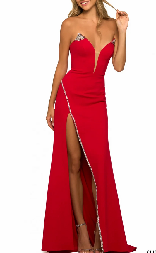 RP2010-Gorgeous Red Mermaid Sweetheart Beaded Sleeveless Satin Prom Evening Dresses Formal Party Gowns With Slit