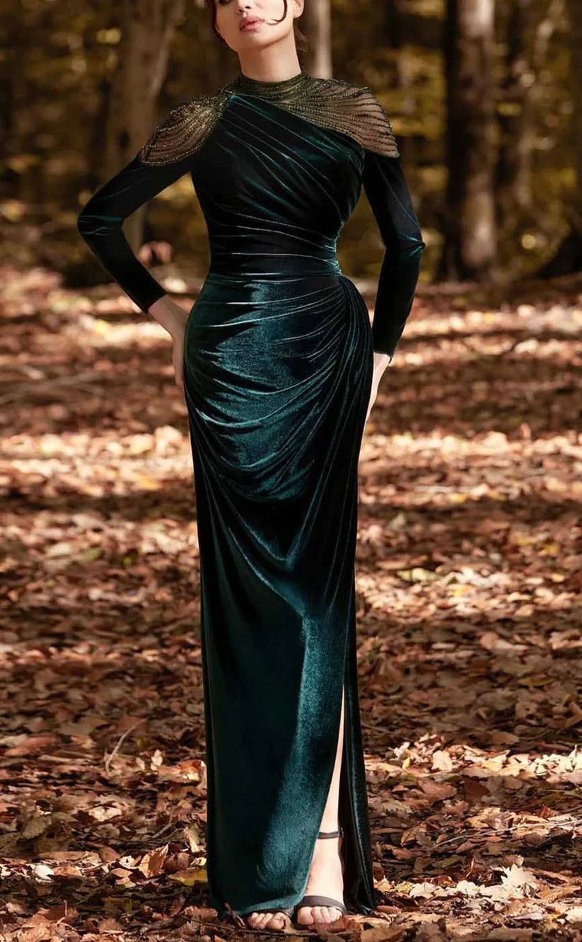 RP905-Sexy Green Mermaid High Neck Ruched Beads Velvet Long Sleeves Prom Evening Dresses Formal Party Gowns With Slit