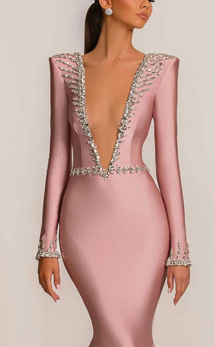RP906-New Pink Mermaid V-Neck Crystals Long Sleeves Long Prom Evening Dresses Formal Party Gowns
