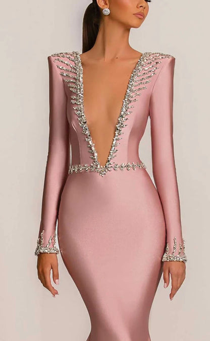 RP906-New Pink Mermaid V-Neck Crystals Long Sleeves Long Prom Evening Dresses Formal Party Gowns