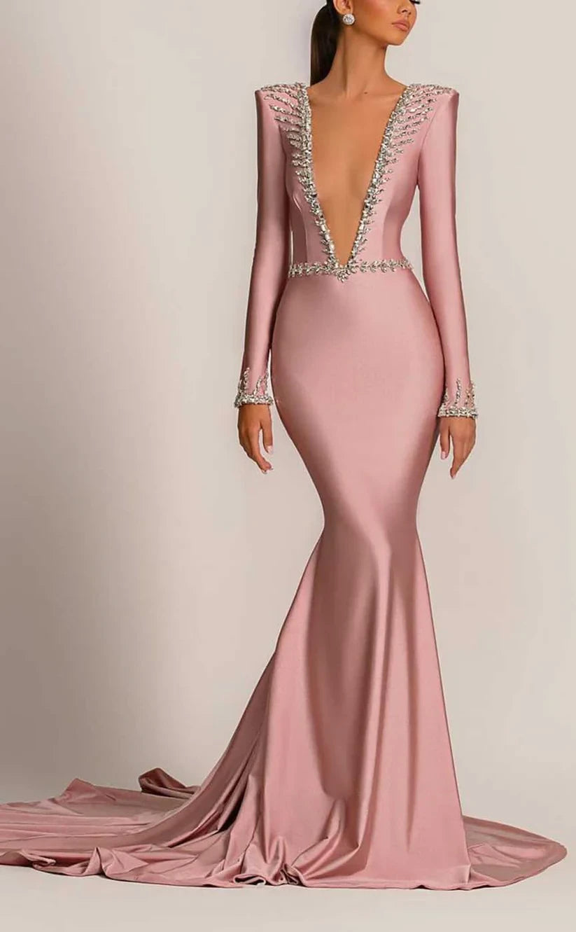 RP906-New Pink Mermaid V-Neck Crystals Long Sleeves Long Prom Evening Dresses Formal Party Gowns