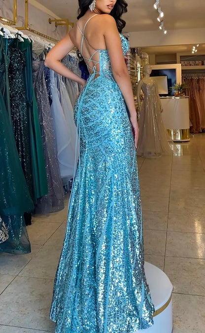 RP2014-Sparkling Mermaid Spaghetti Sequins Beaded Sleeveless Prom Evening Dresses Formal Party Gowns With Slit