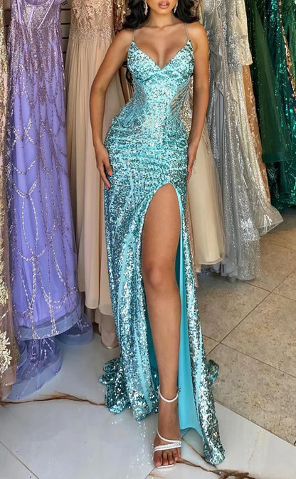 RP2014-Sparkling Mermaid Spaghetti Sequins Beaded Sleeveless Prom Evening Dresses Formal Party Gowns With Slit