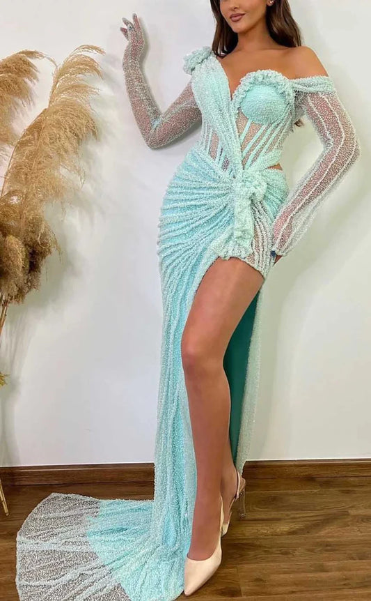 RP908-Gorgeous Green Mermaid Off-the-Shoulder Sequins Long Sleeves Long Prom Evening Dresses Formal Party Gowns With Slit