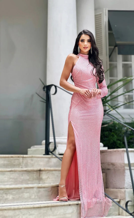 RP2015-Sparkling Pink Mermaid High Neck Sequins Long Sleeves Prom Evening Dresses Formal Party Gowns With Slit