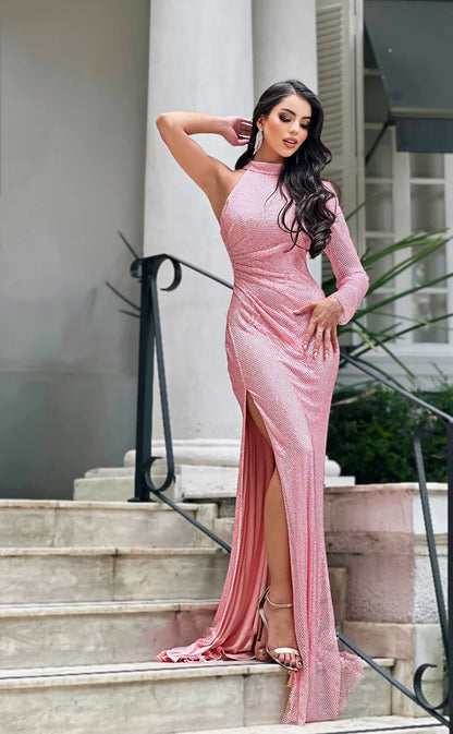 RP2015-Sparkling Pink Mermaid High Neck Sequins Long Sleeves Prom Evening Dresses Formal Party Gowns With Slit