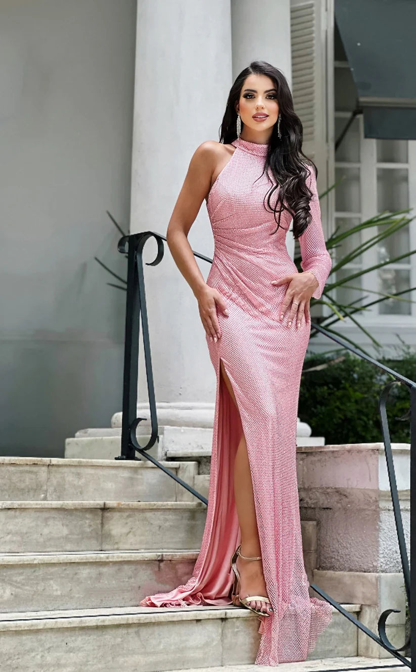 RP2015-Sparkling Pink Mermaid High Neck Sequins Long Sleeves Prom Evening Dresses Formal Party Gowns With Slit