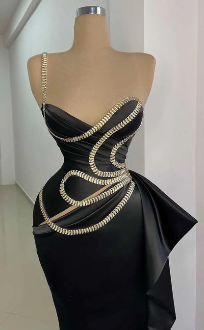 RP909-New Black Mermaid One Shoulder Ruched Beads Crystals Prom Evening Dresses Formal Party Gowns